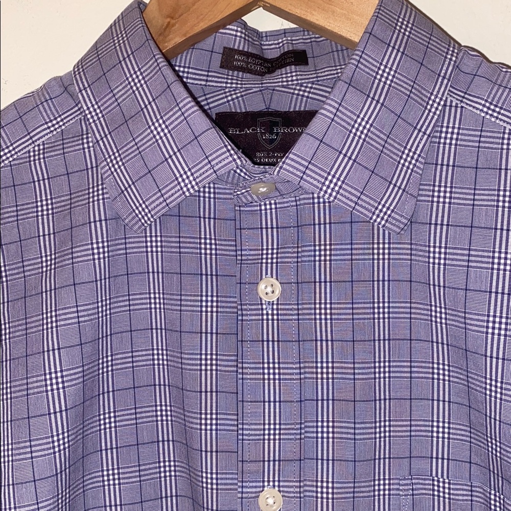 Black & Brown navy white windowpane check plaid 100% no-iron shirt 16 1/2 — 33